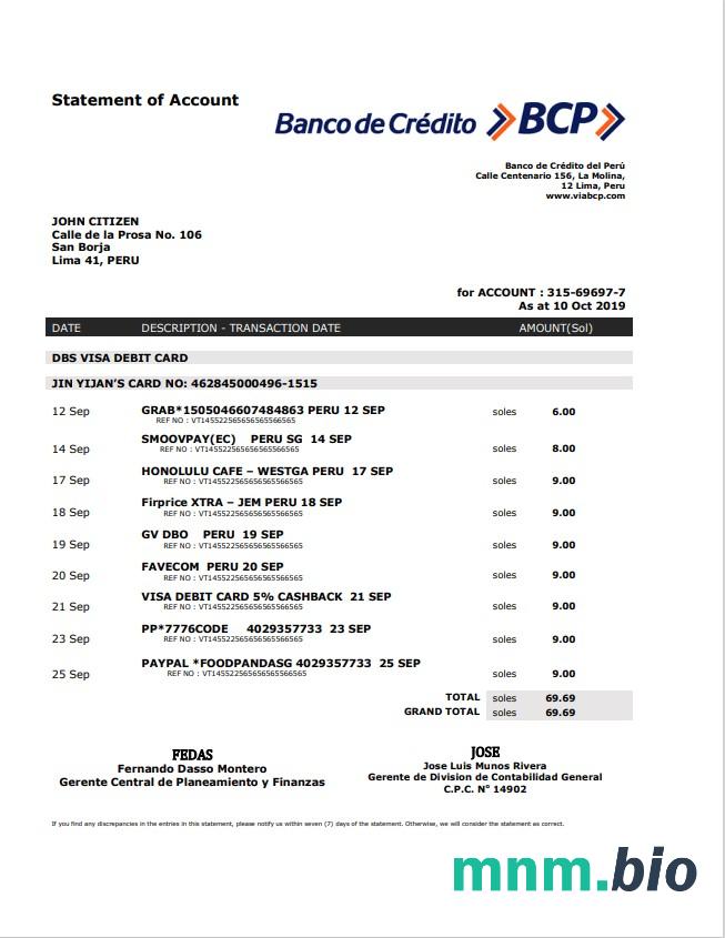 Szablon wyciągu bankowego Peru Banco de Comercio w programie Word i PDF
